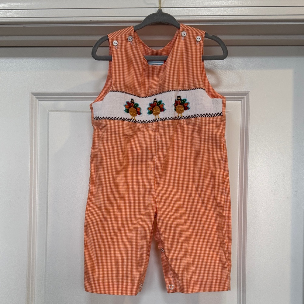Gingham Orange Kids Jon Jon with Embroidery